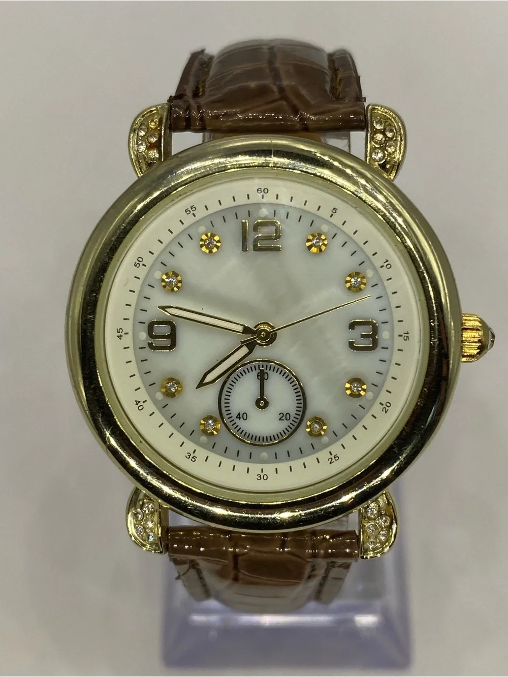 Men’s ^^^ Gold-Tone *** Iced  Crystal Accent Watch ^^^ Tan  Brown Leather Strap